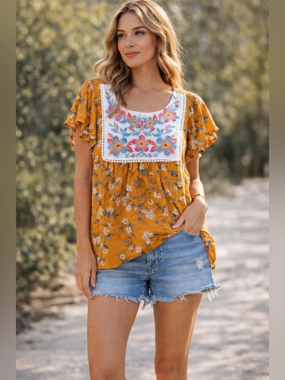 Savanna Jane Boho Floral Top Size M Orange Print Flowy Peasant Blouse